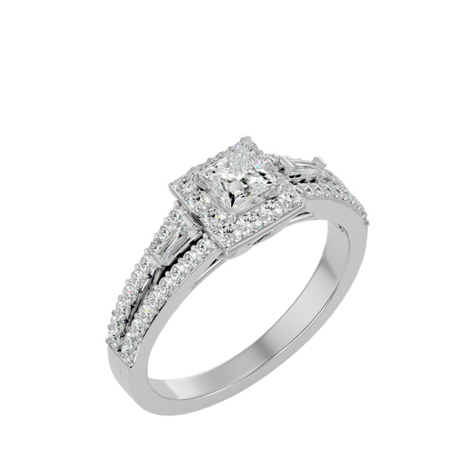 Lumière Beautiful Light Band- 1.00 Ct Princess-Cut Split-Shank Halo with Baguette Accents Diamond Gold Ring
