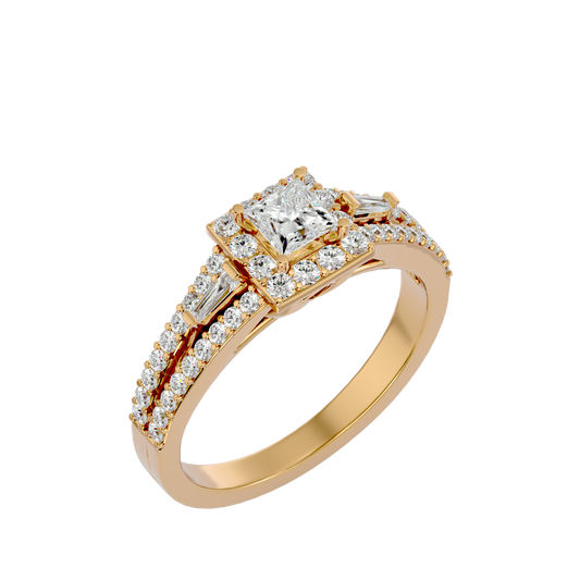 Lumière Beautiful Light Band- 1.00 Ct Princess-Cut Split-Shank Halo with Baguette Accents Diamond Gold Ring