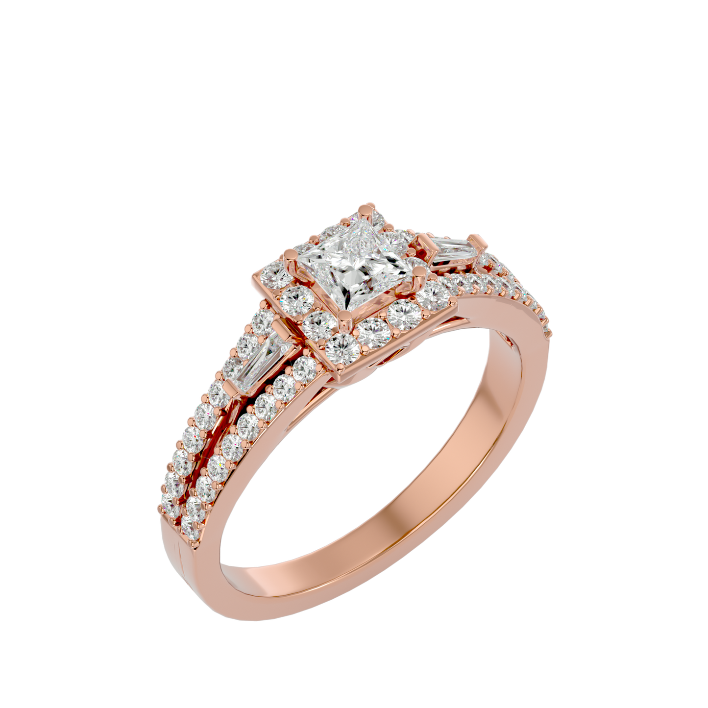Lumière Beautiful Light Band- 1.00 Ct Princess-Cut Split-Shank Halo with Baguette Accents Diamond Gold Ring
