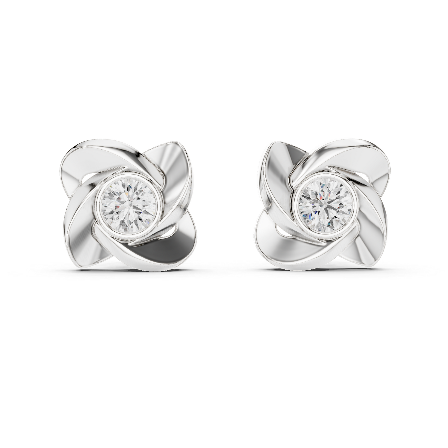 1.8ctw Round Diamond Bezel Pinwheel Floral Stud Earrings - Solid Gold