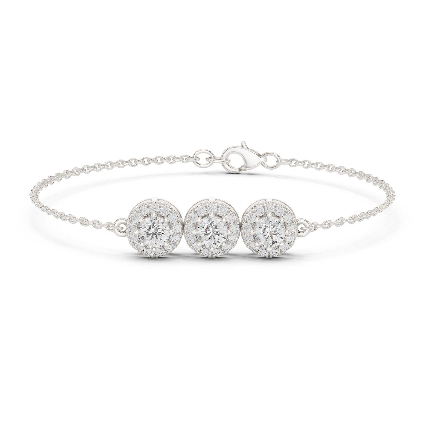 1.29CTW Round Diamond Three-Stone Halo Bracelet | Solid Gold