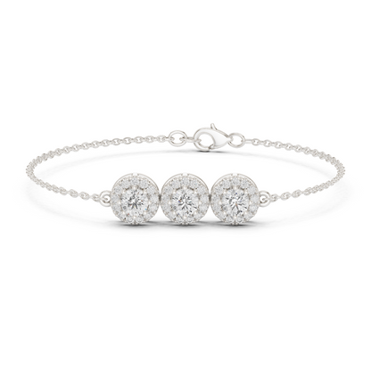 1.29CTW Round Diamond Three-Stone Halo Bracelet | Solid Gold