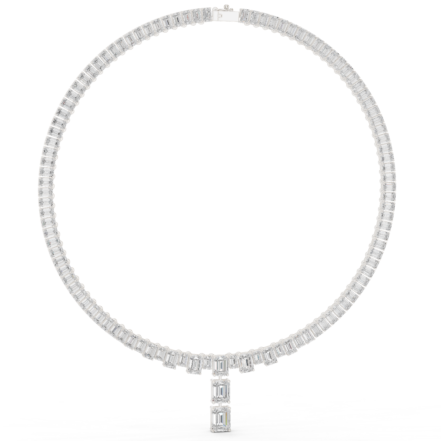 33.3ctw Solid Gold Emerald Cut Diamond Tennis Riviere Necklace with Drop