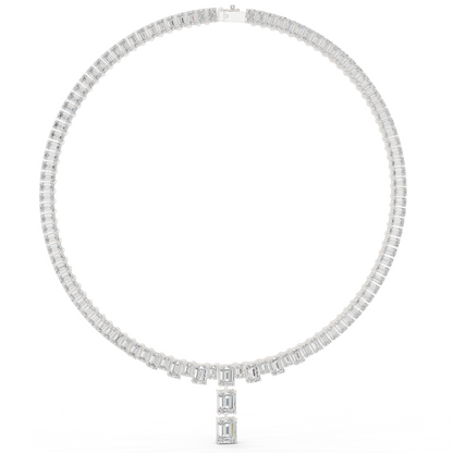 33.3ctw Solid Gold Emerald Cut Diamond Tennis Riviere Necklace with Drop
