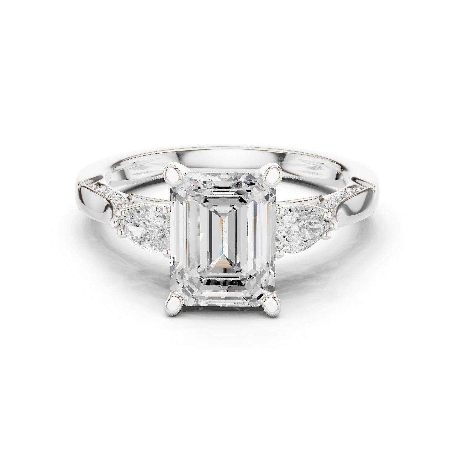 2.54ctw Emerald Cut & Pear Three-Stone Diamond Ring | Yellow Gold Pavé Band