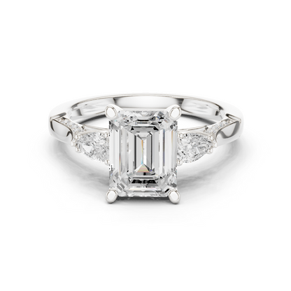 2.54ctw Emerald Cut & Pear Three-Stone Diamond Ring | Yellow Gold Pavé Band