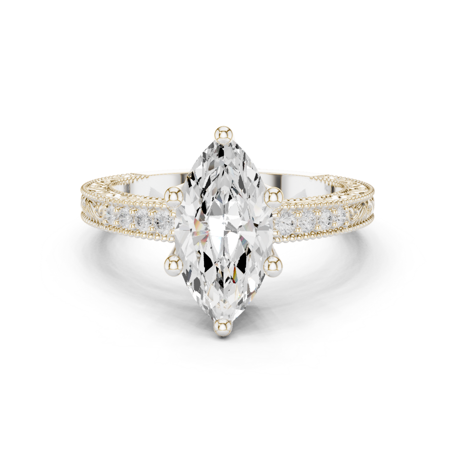 2.22ctw Vintage Marquise Cut Ring with Milgrain Filigree Hidden Halo | Yellow Gold
