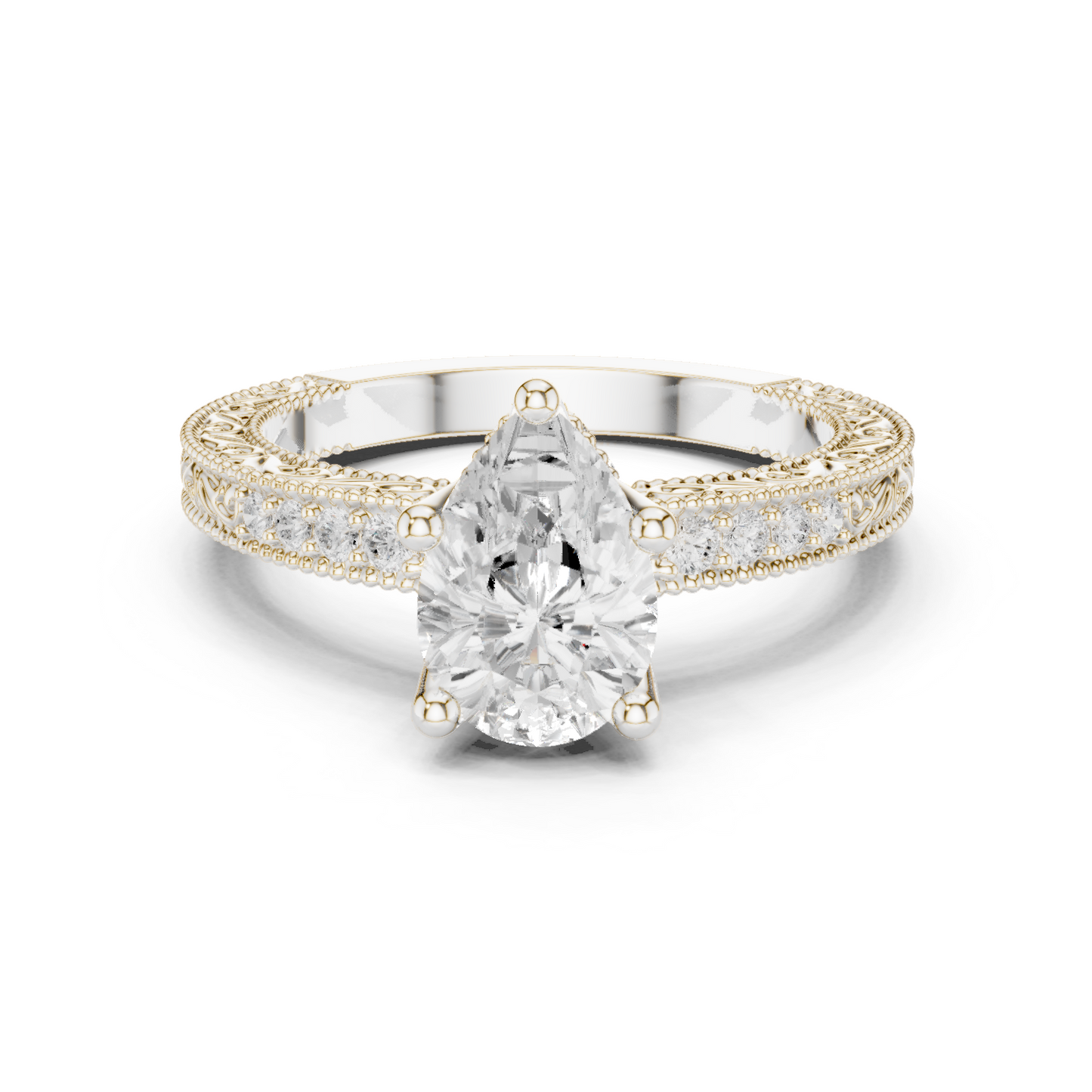 2.19ctw Vintage Pear Cut Ring with Milgrain Filigree Hidden Halo | Yellow Gold