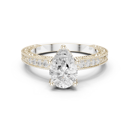2.19ctw Vintage Pear Cut Ring with Milgrain Filigree Hidden Halo | Yellow Gold