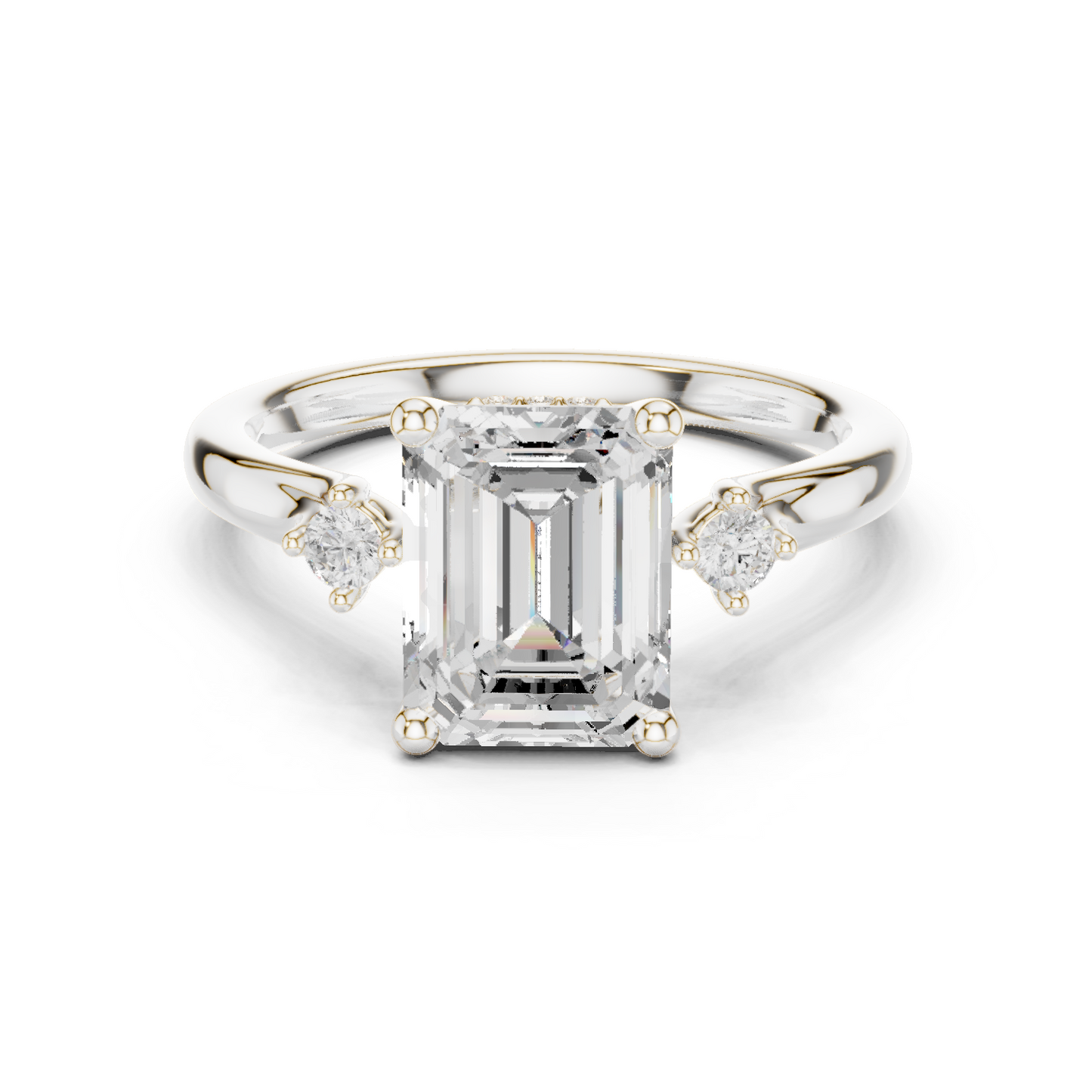 2.16ctw Emerald Cut Three-Stone Ring with Hidden Halo | Yellow Gold