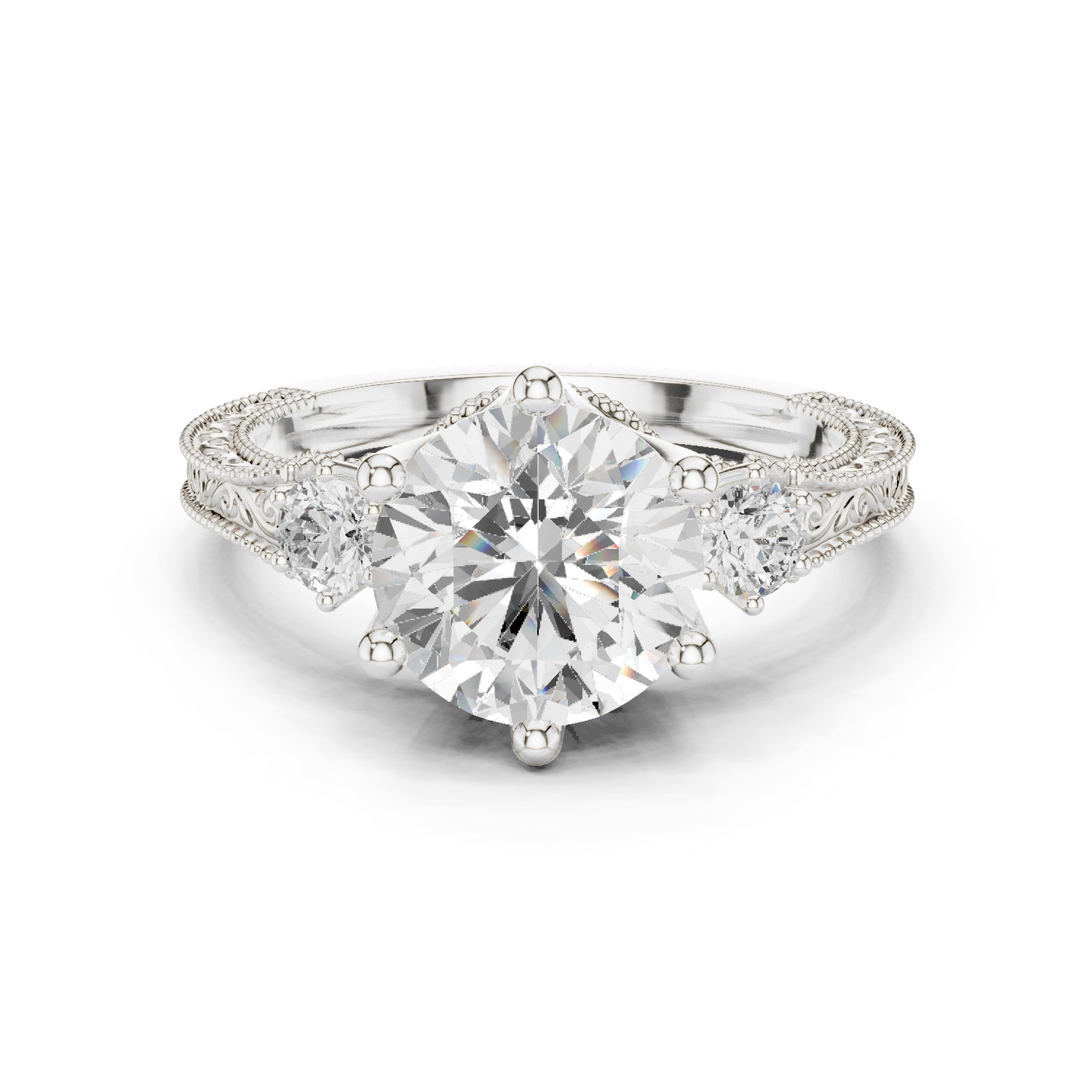 2.80 Carat Vintage Three-Stone Round Diamond Filigree Ring | Solid Gold
