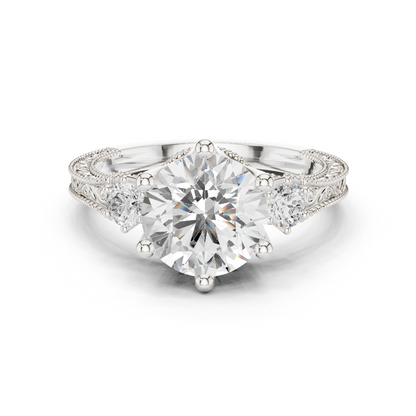 2.80 Carat Vintage Three-Stone Round Diamond Filigree Ring | Solid Gold