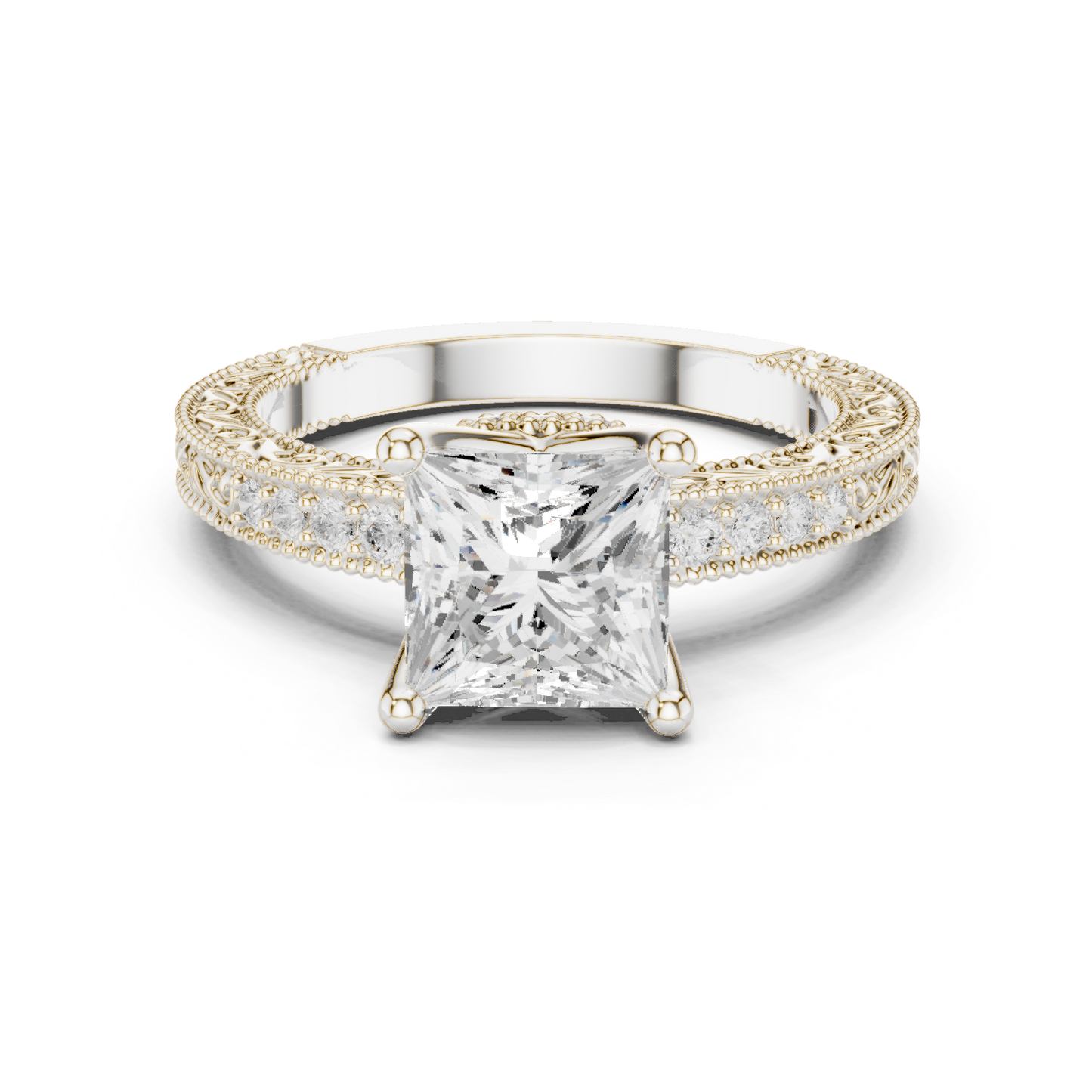 2.19ctw Vintage Princess Cut Ring with Milgrain Filigree Hidden Halo | Yellow Gold