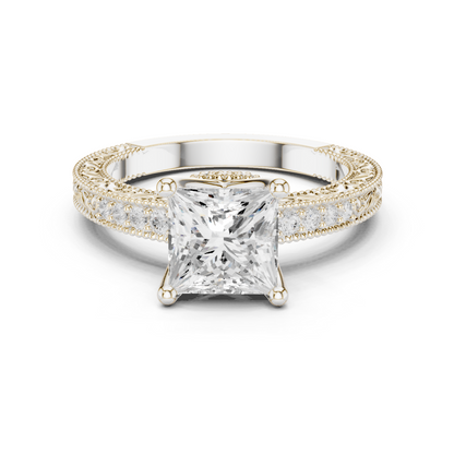 2.19ctw Vintage Princess Cut Ring with Milgrain Filigree Hidden Halo | Yellow Gold