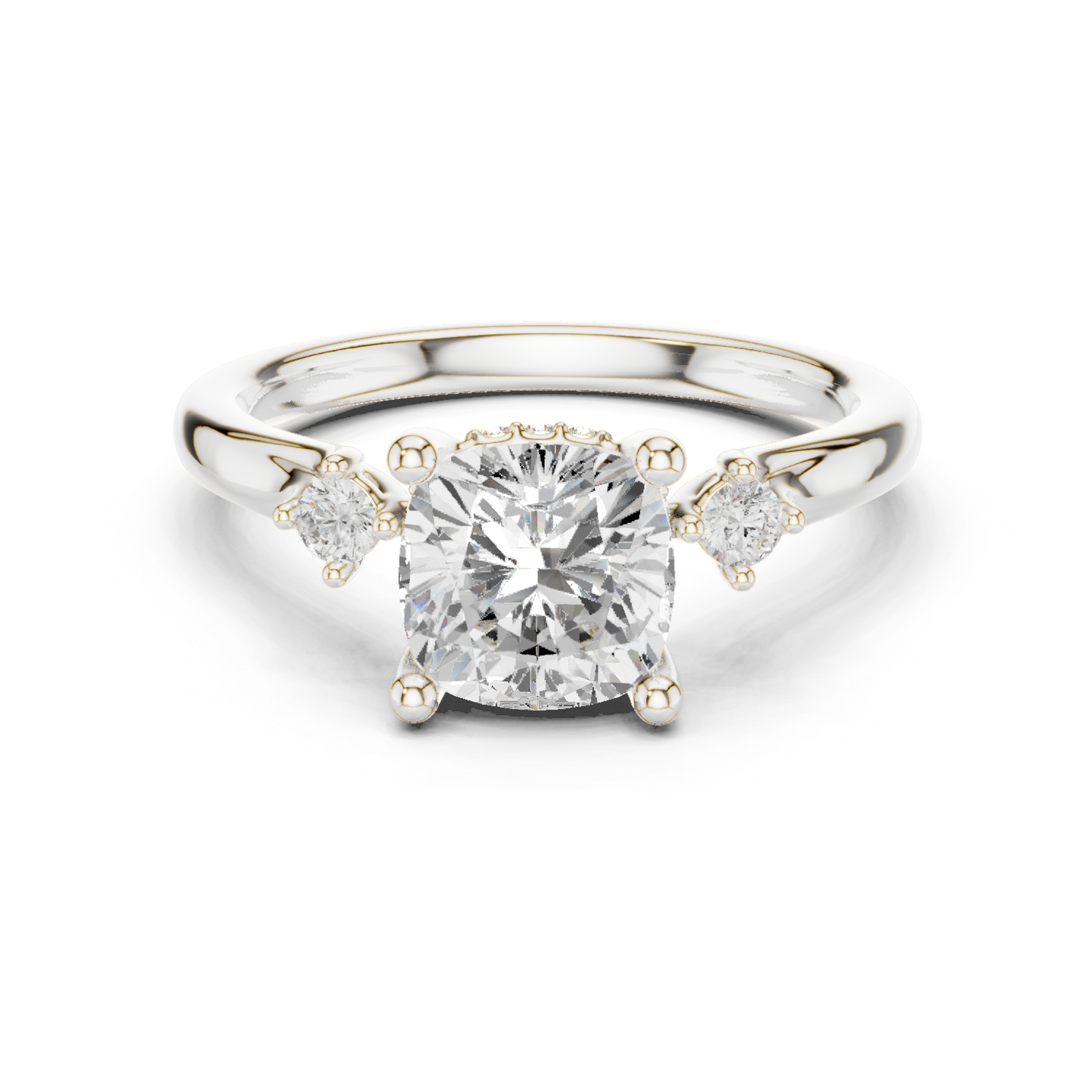 2.16ctw Cushion Cut Three-Stone Ring with Hidden Halo | Yellow Gold