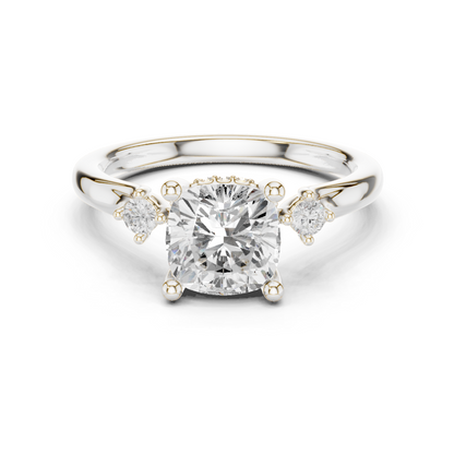 2.16ctw Cushion Cut Three-Stone Ring with Hidden Halo | Yellow Gold