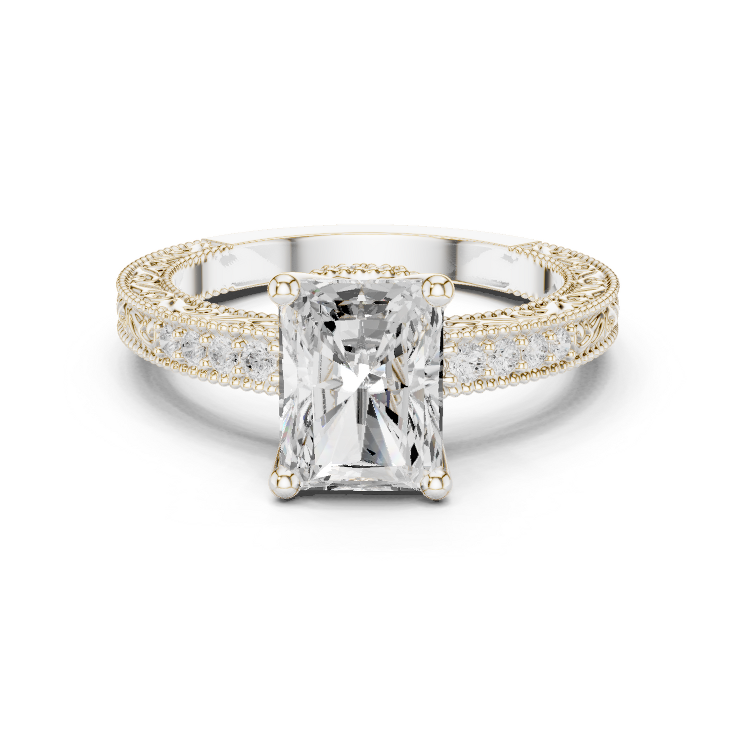 2.21ctw Vintage Radiant Cut Ring with Milgrain Filigree Hidden Halo | Yellow Gold
