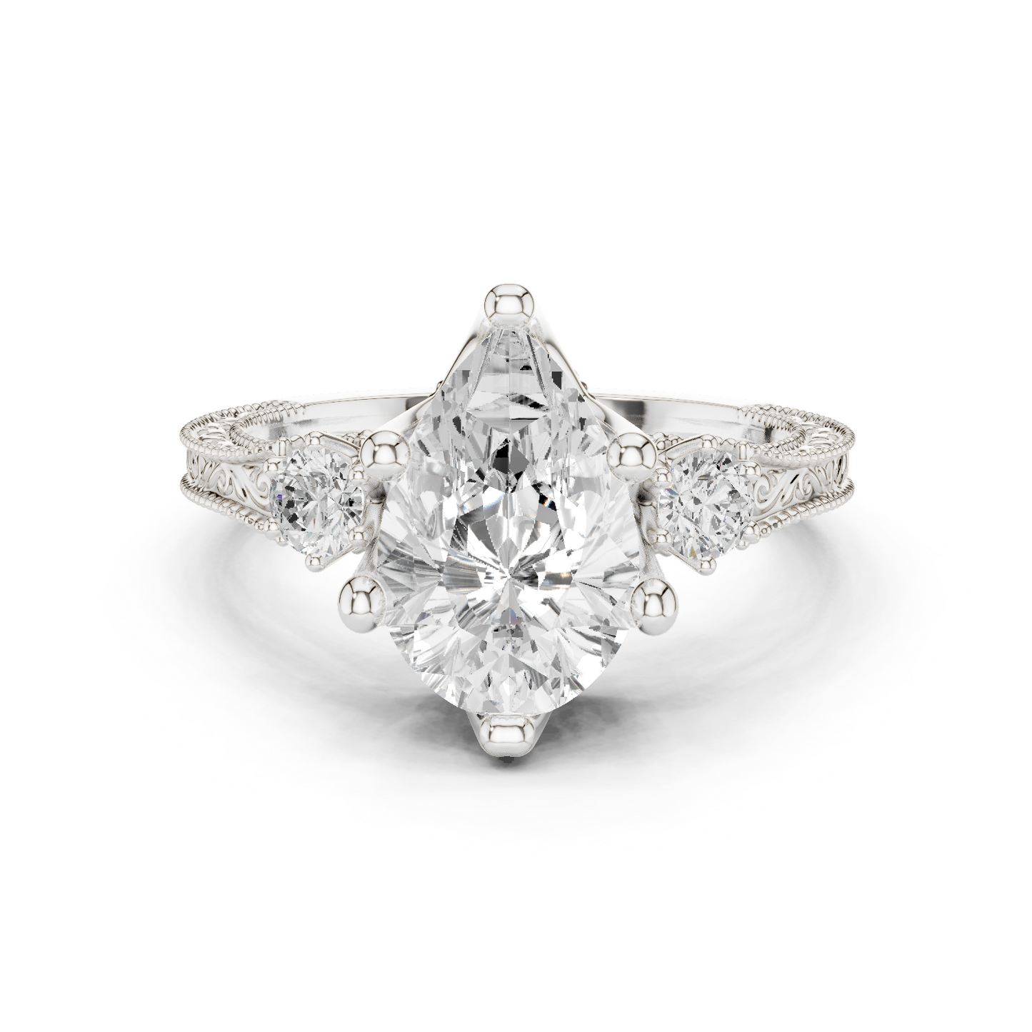2.80 Carat Vintage Three-Stone Pear Diamond Filigree Ring | Solid Gold