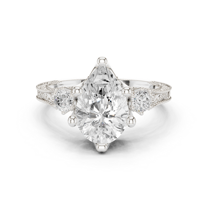 2.80 Carat Vintage Three-Stone Pear Diamond Filigree Ring | Solid Gold