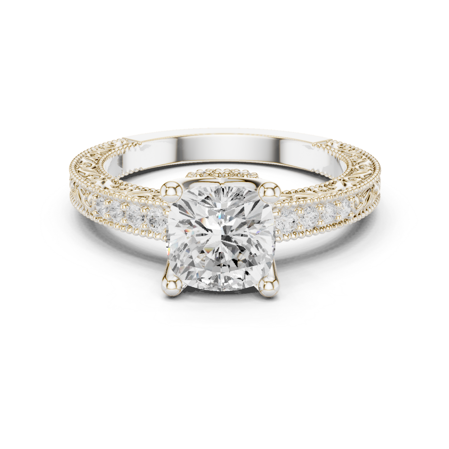 2.19ctw Vintage Cushion Cut Ring with Milgrain Filigree Hidden Halo | Yellow Gold