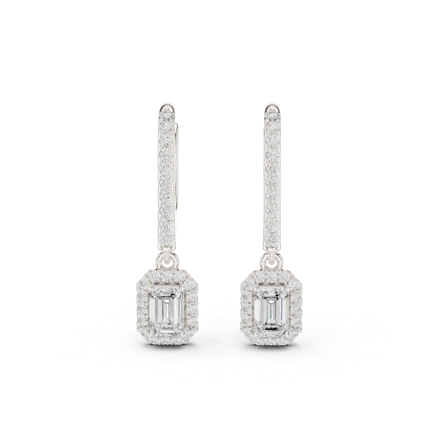 0.83ctw Emerald Cut Diamond Halo Drop Huggie Earrings - Yellow Gold