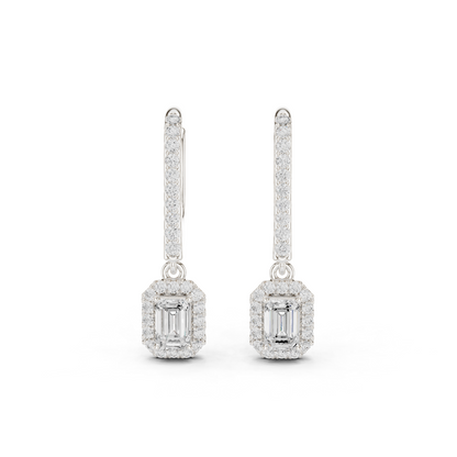 0.83ctw Emerald Cut Diamond Halo Drop Huggie Earrings - Yellow Gold