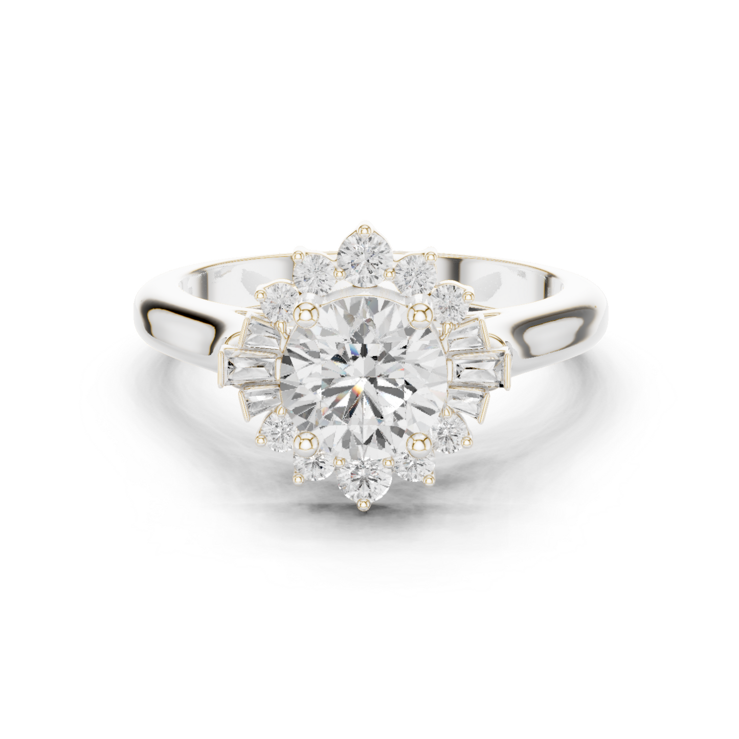1.41ctw Round Diamond Baguette Ballerina Halo Ring - Solid Gold