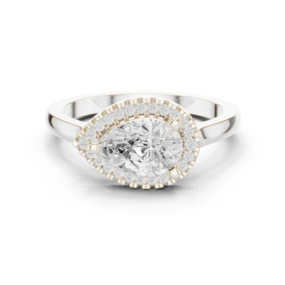 1.07ctw Pear Diamond East-West Halo Ring Plain Band - Solid Gold