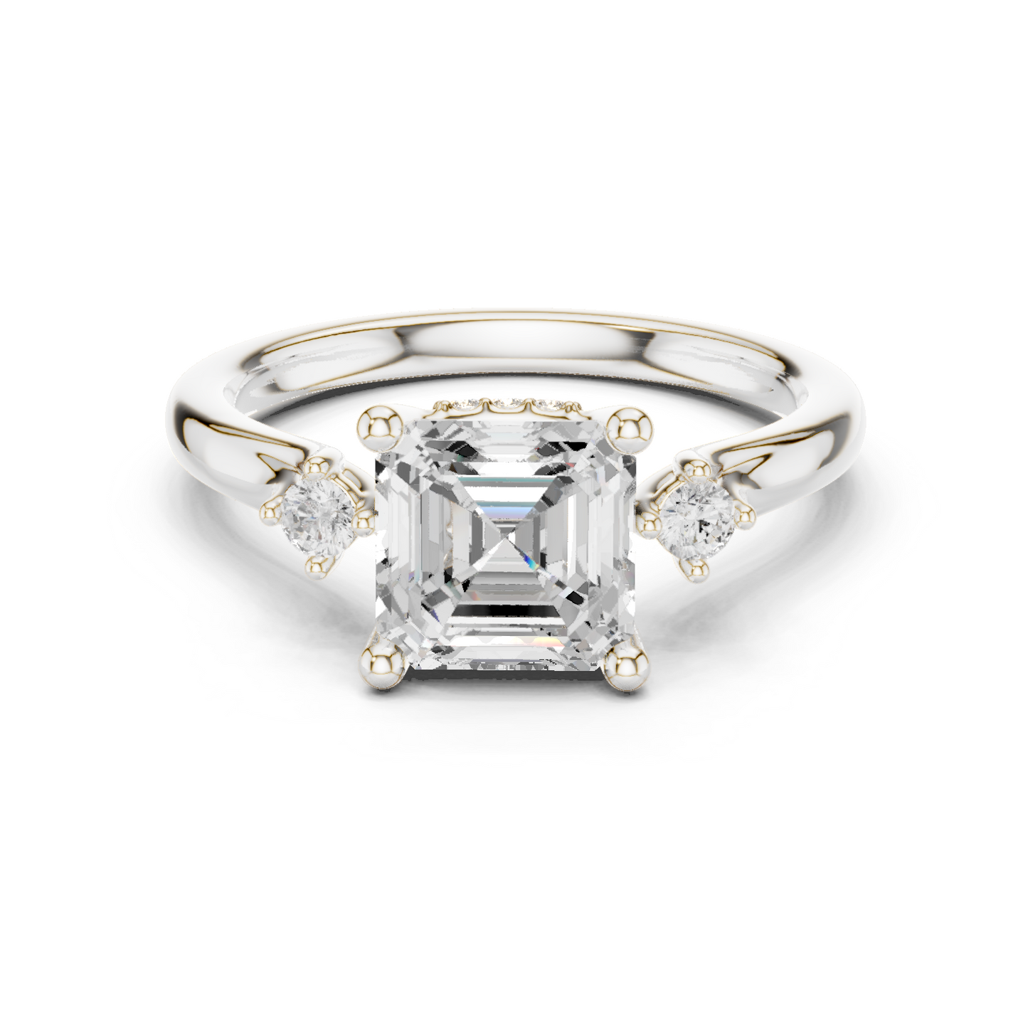 2.16ctw Asscher Cut Three-Stone Ring with Hidden Halo | Yellow Gold