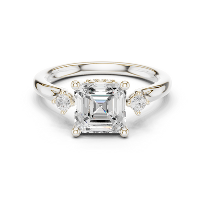 2.16ctw Asscher Cut Three-Stone Ring with Hidden Halo | Yellow Gold