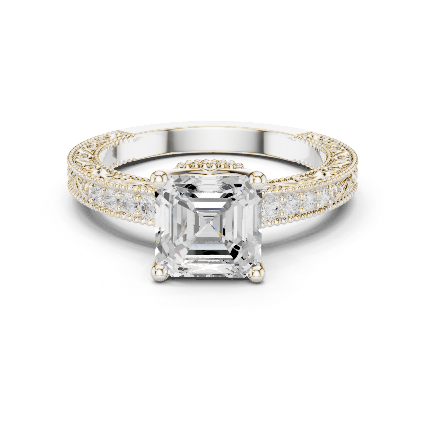 2.19ctw Vintage Asscher Cut Ring with Milgrain Filigree Hidden Halo | Yellow Gold