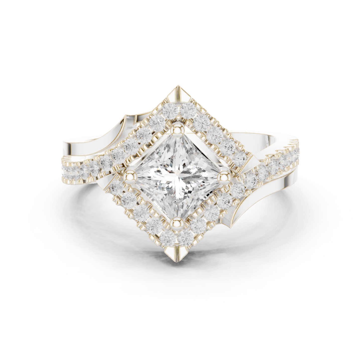 1.36ctw Princess Cut Diamond Kite Shape Halo Bypass Ring - Solid Gold