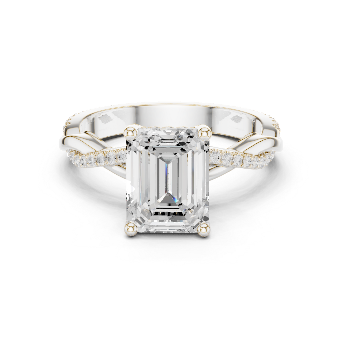 2.35ctw Emerald-Cut Pavé Diamond Twisted Infinity Ring | Yellow Gold Solitaire