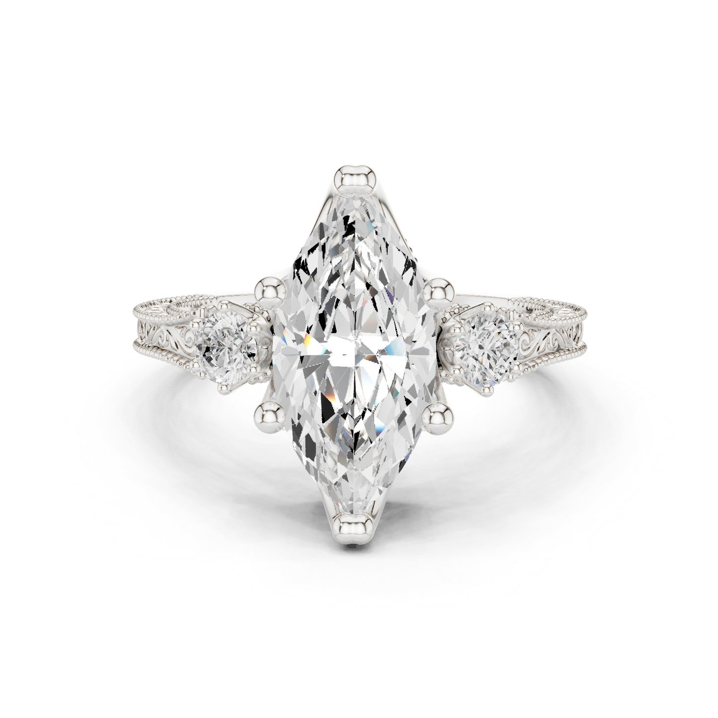 2.80 Carat Vintage Three-Stone Marquise Diamond Filigree Ring | Solid Gold