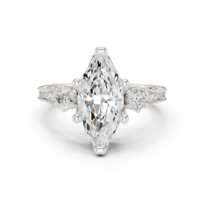 2.80 Carat Vintage Three-Stone Marquise Diamond Filigree Ring | Solid Gold