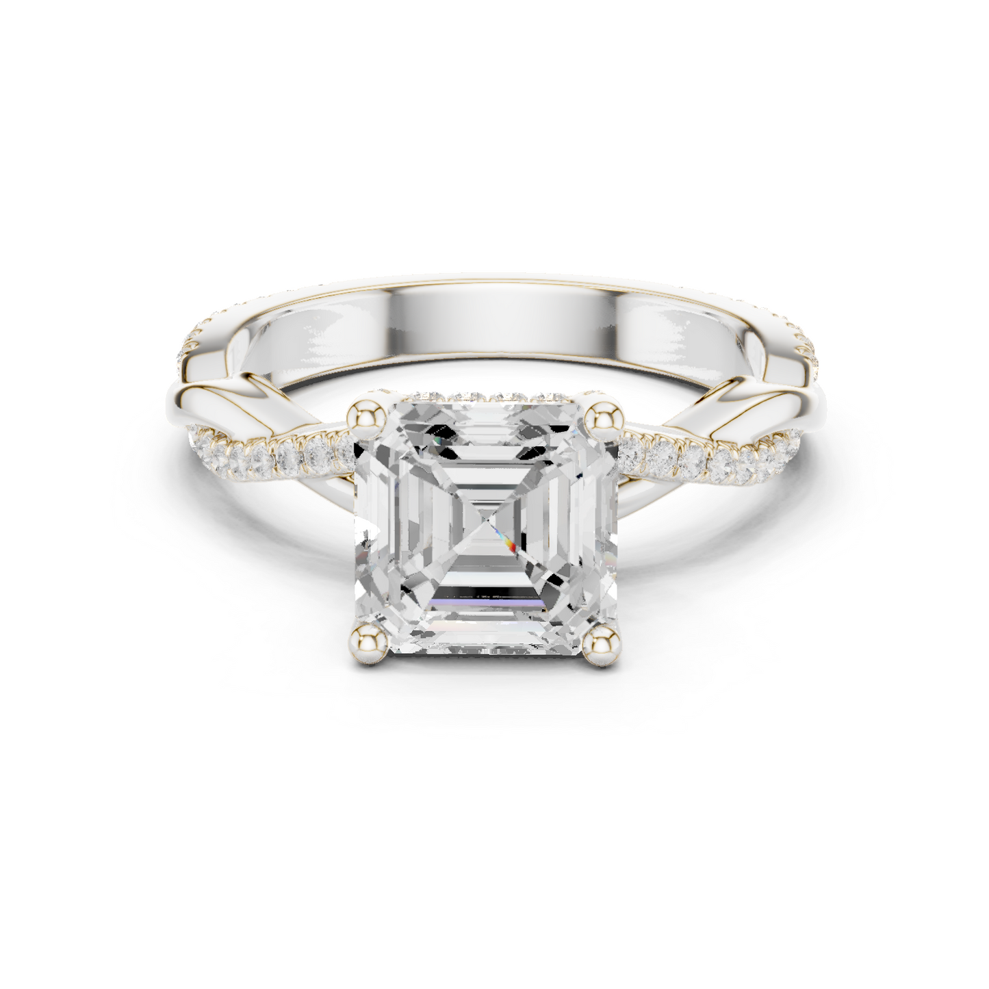 2.33ctw Asscher-Cut Pavé Diamond Twisted Infinity Ring | Yellow Gold Solitaire