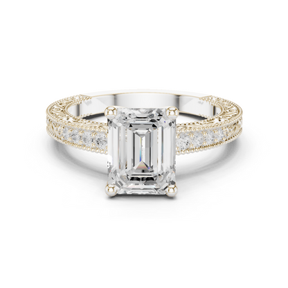 2.21ctw Vintage Emerald Cut Ring with Milgrain Filigree Hidden Halo | Yellow Gold