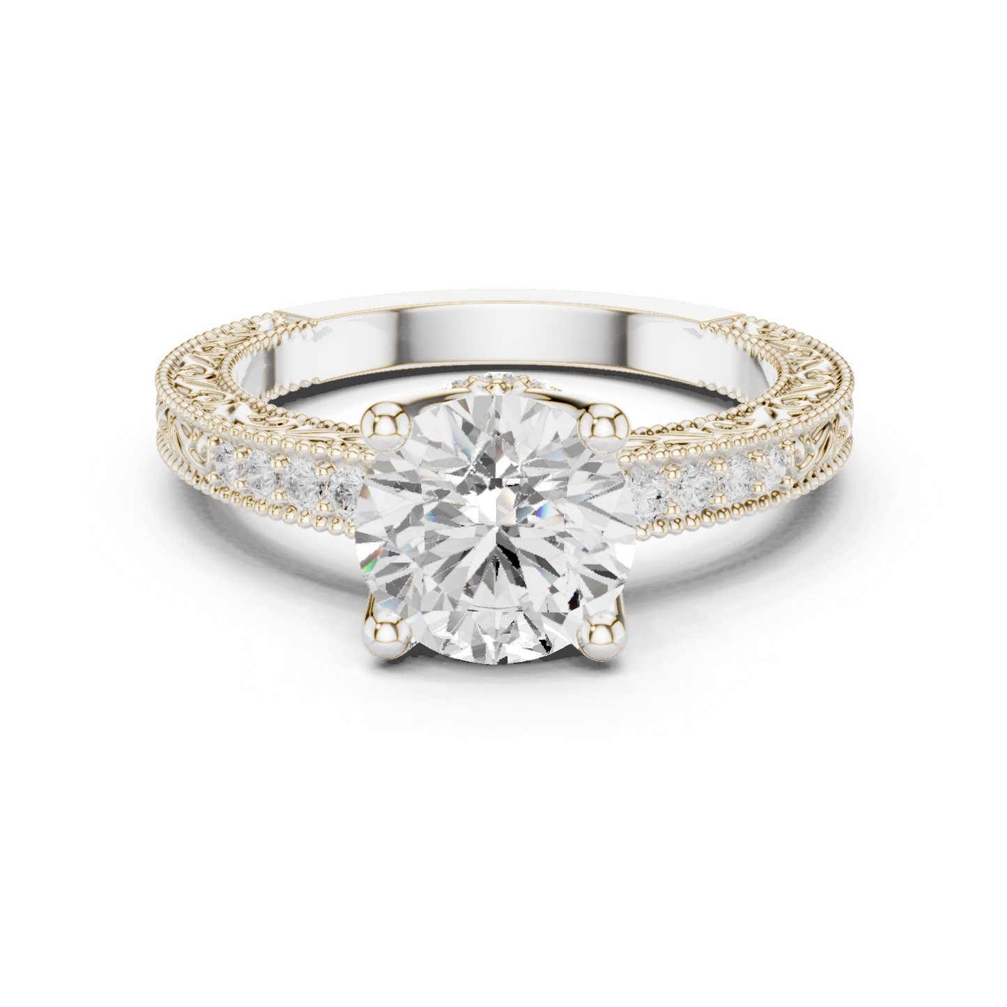 2.21ctw Vintage Round Cut Ring with Milgrain Filigree Hidden Halo | Yellow Gold