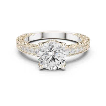 2.21ctw Vintage Round Cut Ring with Milgrain Filigree Hidden Halo | Yellow Gold