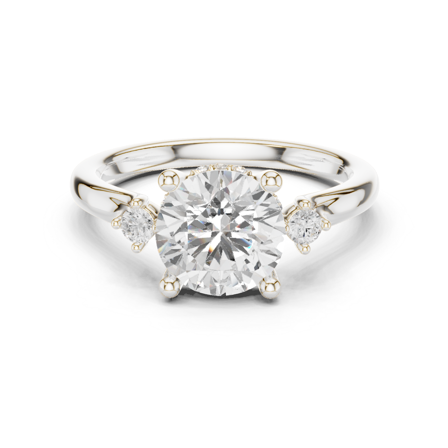 2.16ctw Round Cut Three-Stone Ring with Hidden Halo | Yellow Gold