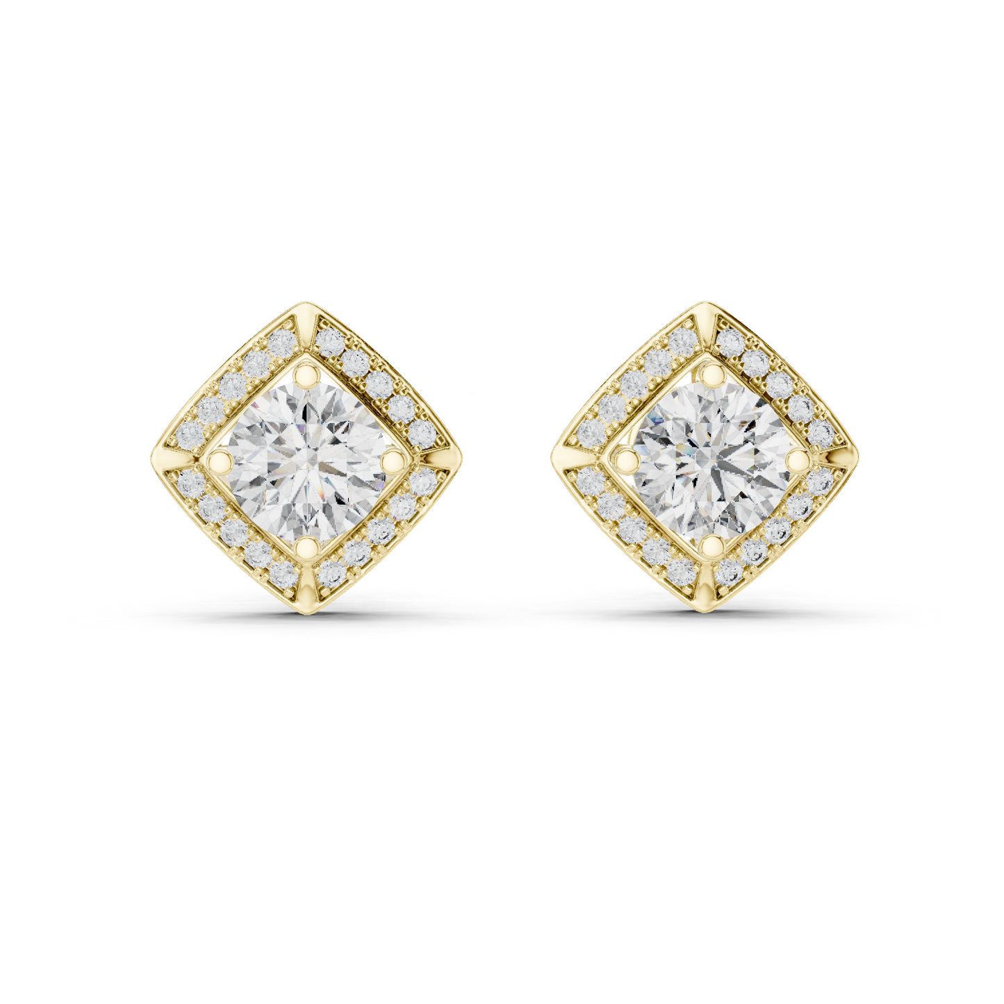 2.98ctw Round Diamond Cushion Kite Halo Stud Earrings - Yellow Gold