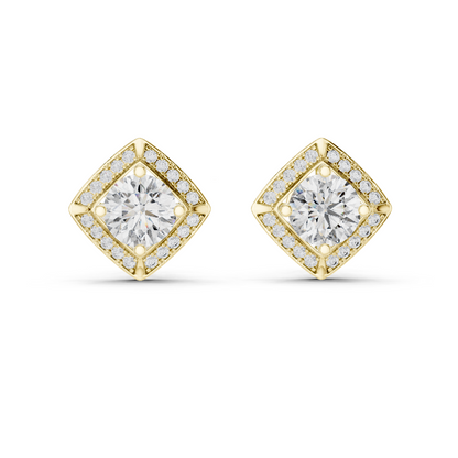 2.98ctw Round Diamond Cushion Kite Halo Stud Earrings - Yellow Gold