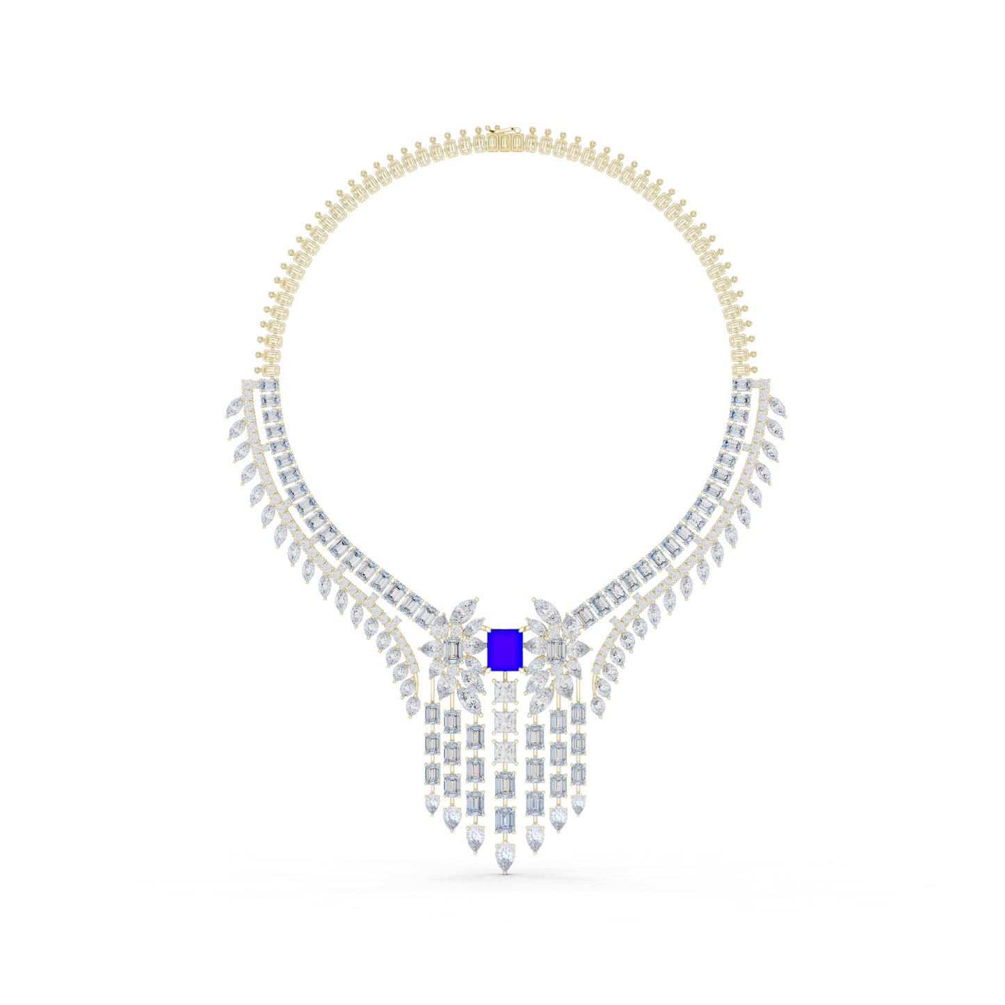 Yellow Gold Royal Blue Statement Necklace | Multi Shape Diamond Choker 82.28ctw