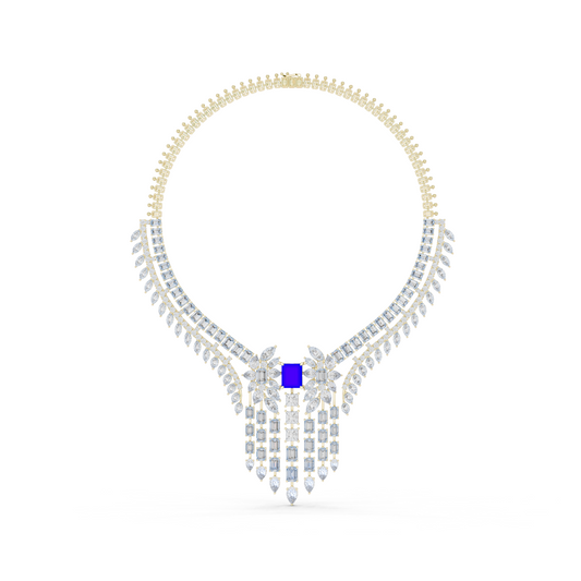 Yellow Gold Royal Blue Statement Necklace | Multi Shape Diamond Choker 82.28ctw