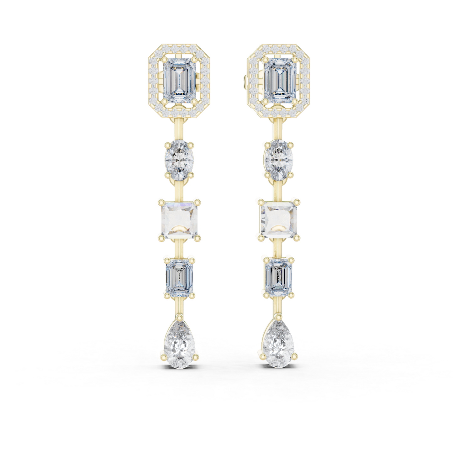 3.10ctw Mixed Shape Multi Diamond Linear Drop Earrings - Yellow Gold