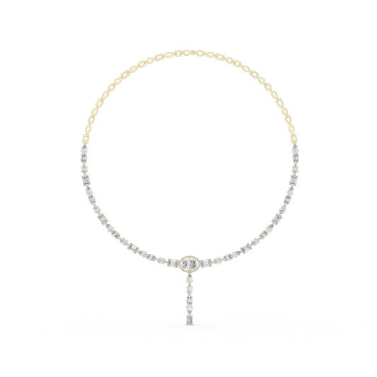 14.27ctw Solid Gold Multi-Cut Diamond Tennis Y-Necklace with Oval Halo