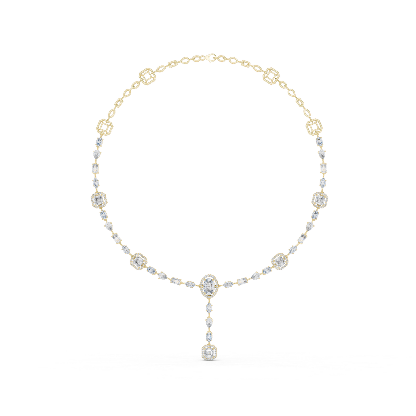 Yellow Gold Multi-Cut Diamond Halo Y-Necklace - 12.06ctw