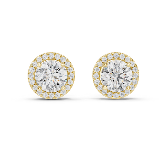 2.9 Carat Round Diamond Classic Halo Stud Earrings - Yellow Gold