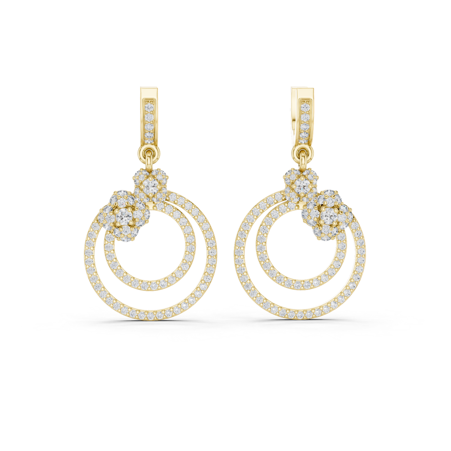 1.08 CTW Diamond Floral Orbit Double Hoop Drop Earrings in Gold
