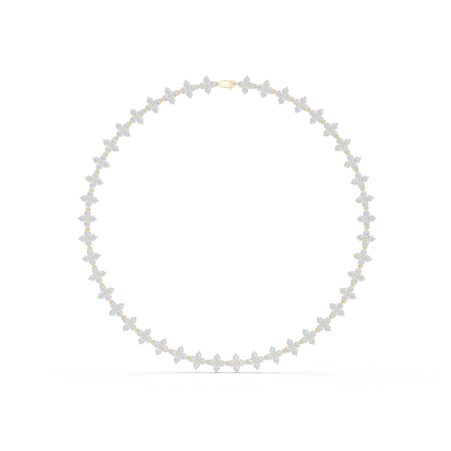 Yellow Gold Sparkling Crystal Quatrefoil Flower Tennis Necklace 19.8ctw
